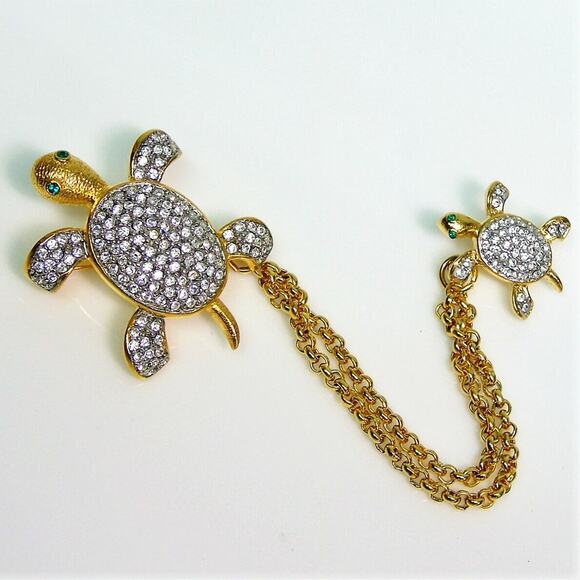 Joan Rivers TURTLE + BABY TURTLE PAVE CRYSTAL PINS Brooch Gold Plate Rhinestones - Picture 7 of 8